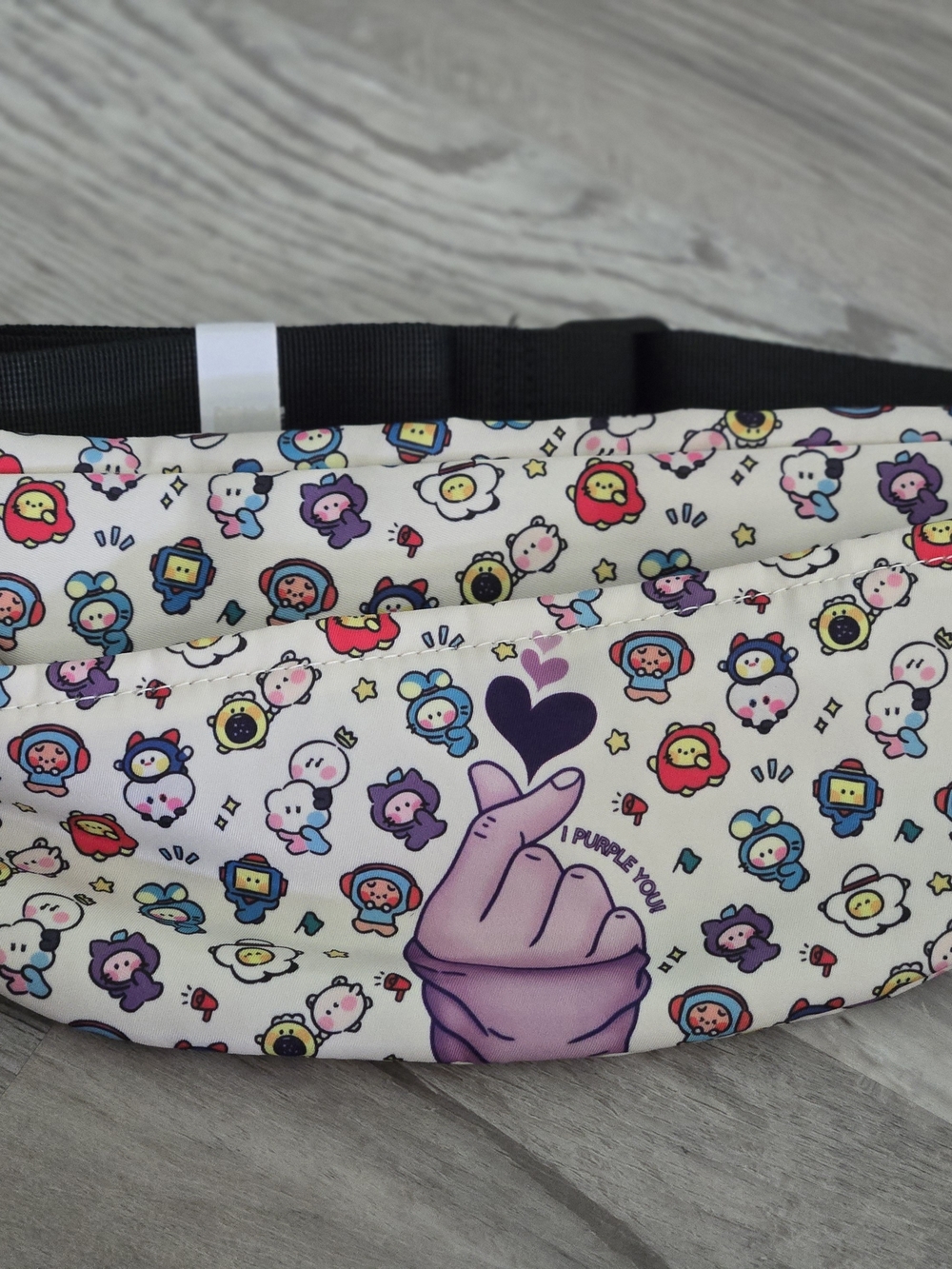 K-Pop Cartoon Pattern Waist Bag in White with Purple Accent